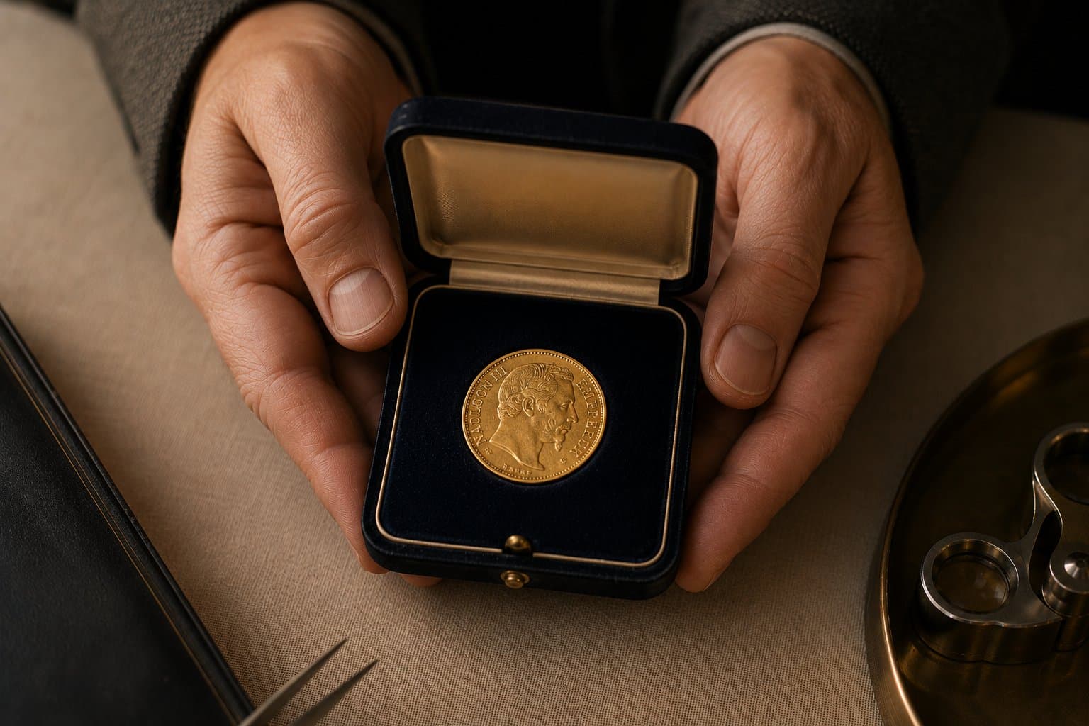 Présentation d'un écrin ouvert avec une pièce d'or