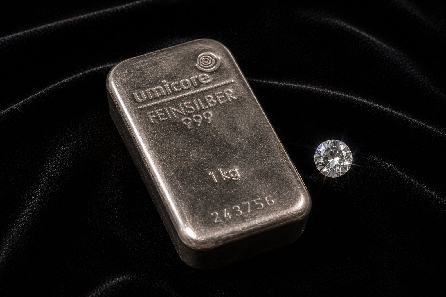 Lingot d'argent Umicore et diamant taillé