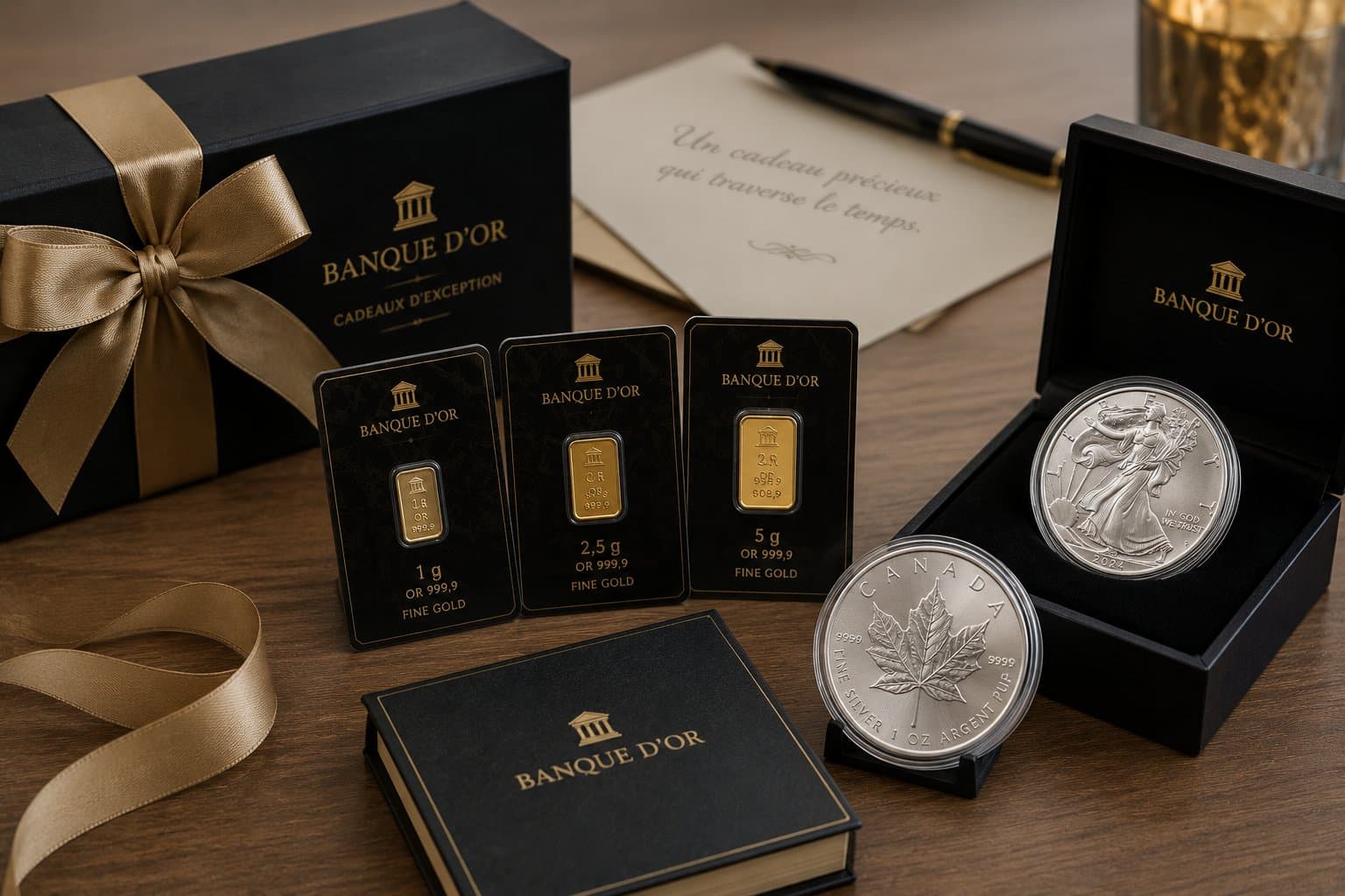 Or et argent en cadeau — petits lingots LBMA et pièces fractionnaires (Napoléon, Souverain) chez Banque d'Or