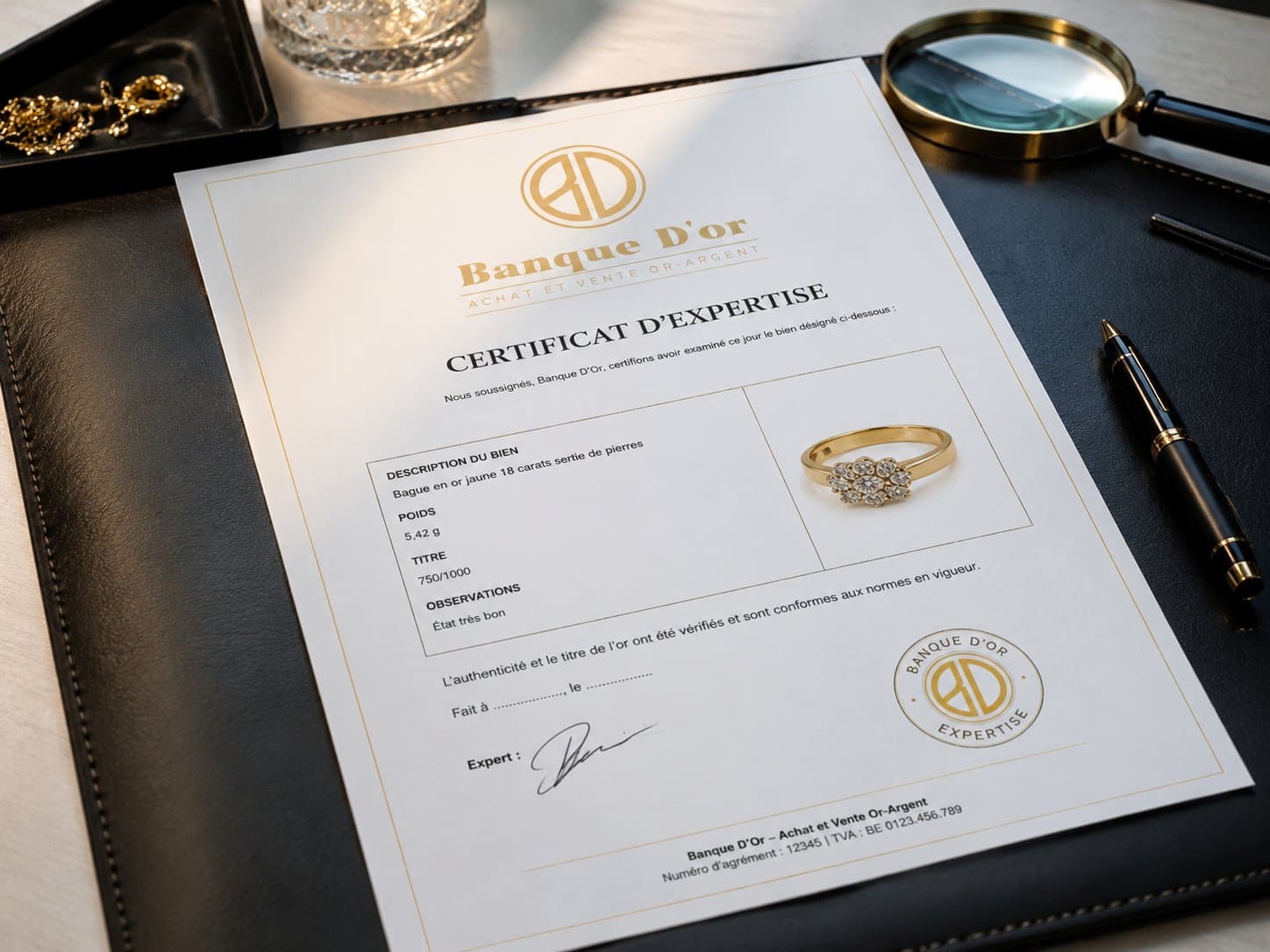 Certificat d'expertise détaillé Banque d'Or — description, photographie, évaluation et signature de chaque pièce