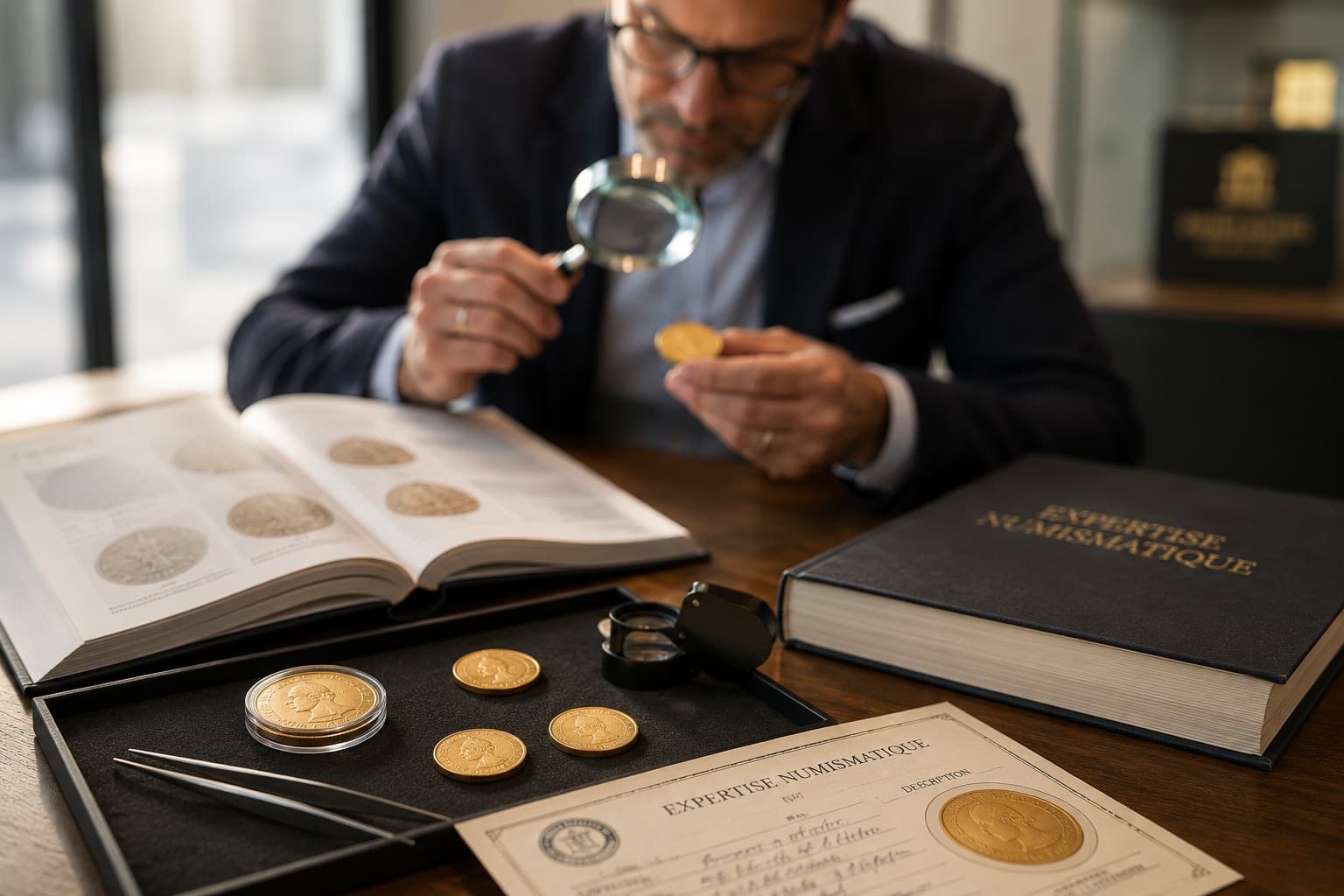 Expertise numismatique en cabinet privé chez Banque d'Or — pièces d'or rares de collection, grading et authentification