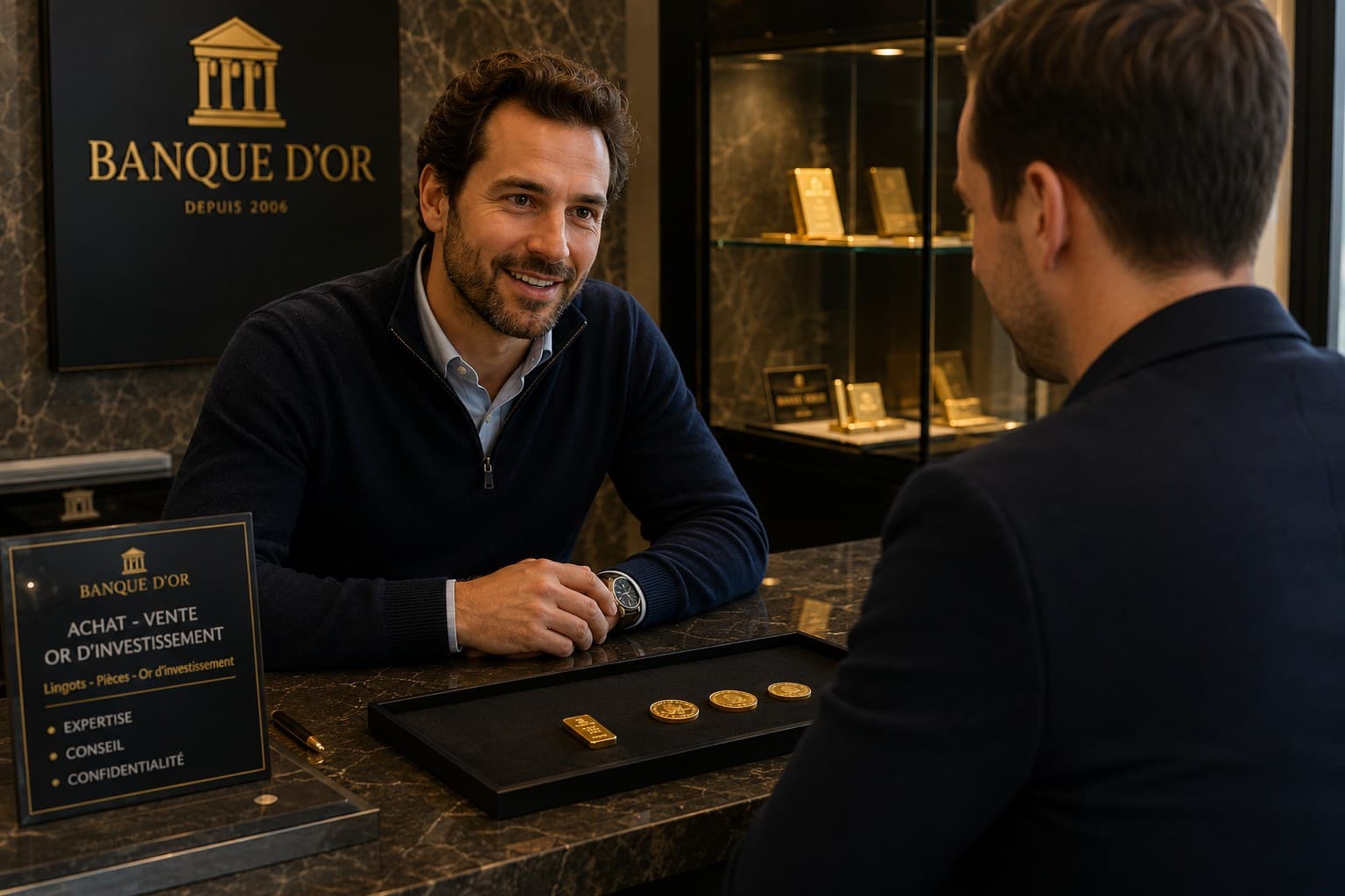 Vendeur français revendant son or au comptoir Banque d'Or à Wavre — expertise et rachat de bijoux, pièces et lingots