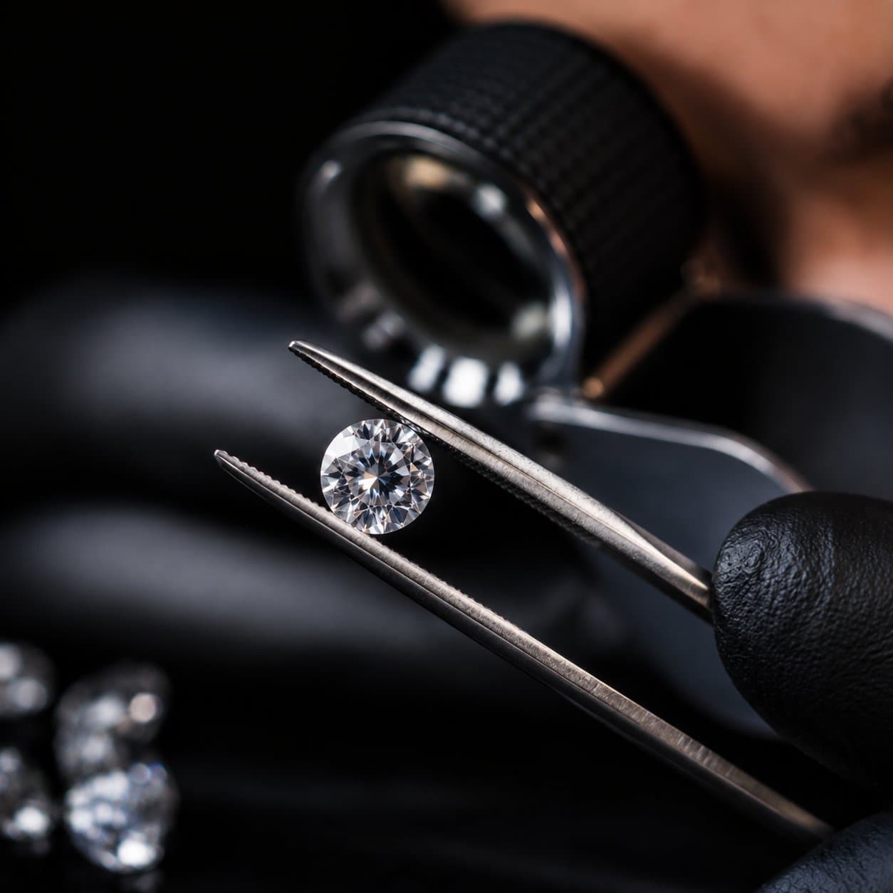 Diamant tenu à la pince par notre gemmologue lors d'une expertise — Banque d'Or, à 50 km d'Anvers