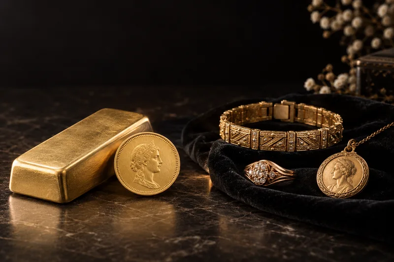 Or d'investissement et bijoux anciens en or côte à côte